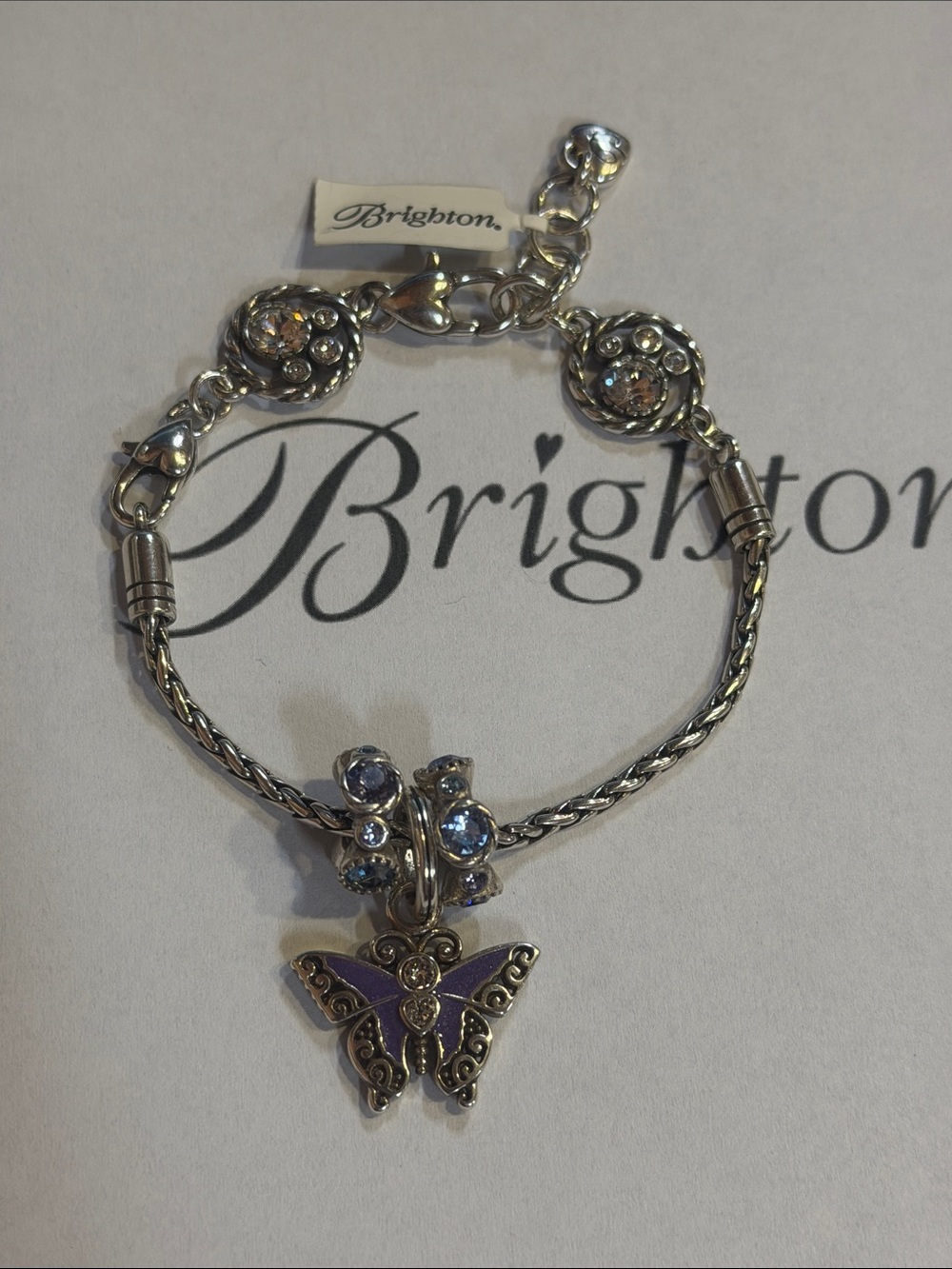 🦋🆕 NWT Brighton SWAROVSKI CRYSTAL BUTTERFLY SLVR HALO CHARM BRACELET!
